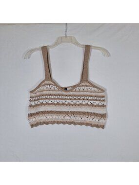 Crochet Knit Beige & White Striped Crop Top With Scalloped Hem